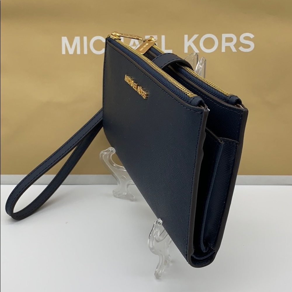 MICHAEL KORS LG DOUBLE ZIP WRISTLET PHONE CASE - wallet Navy NWT - Picture 6 of 16
